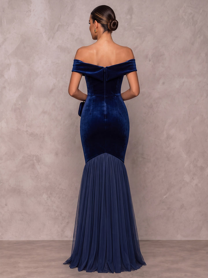 A-Line/Princess Off-the-Shoulder Sleeveless Velvet Tulle Floor-Length Evening Dresses with Pleats
