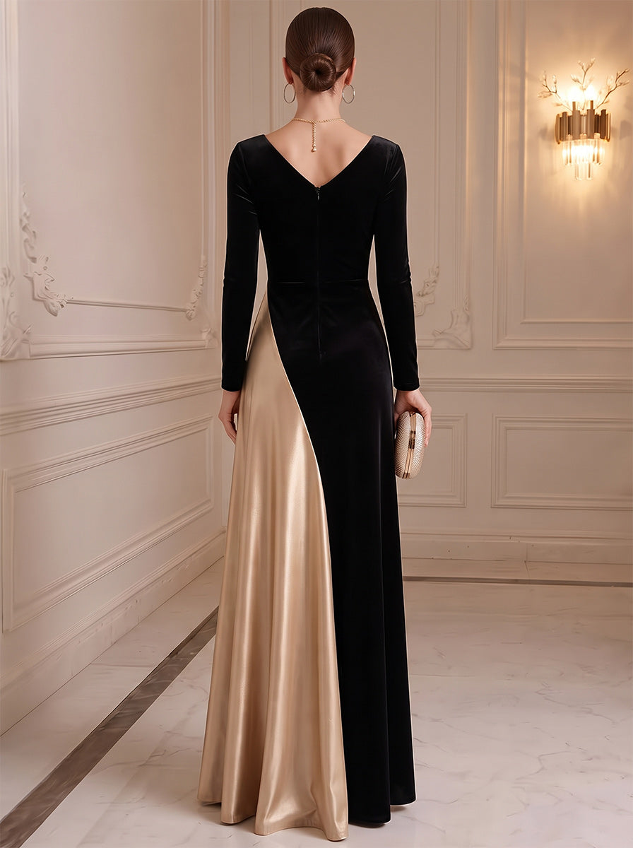 Sheath/Column V-Neck Long Sleeves Silk Satin Velvet Floor-Length Evening Dresses with Ruched