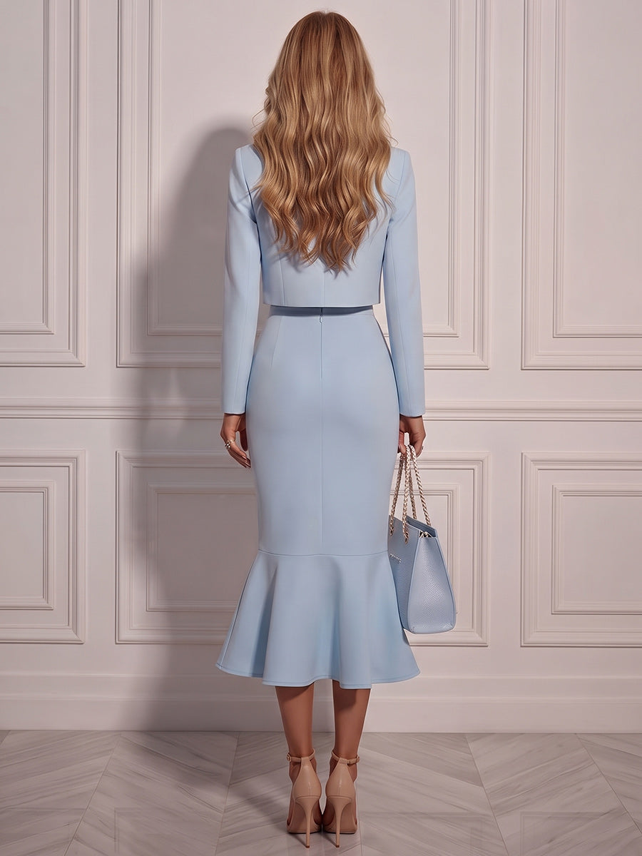 A-Line/Princess V-Neck Long Sleeves Satin Tea-Length Cocktail Dress with 3D Flower