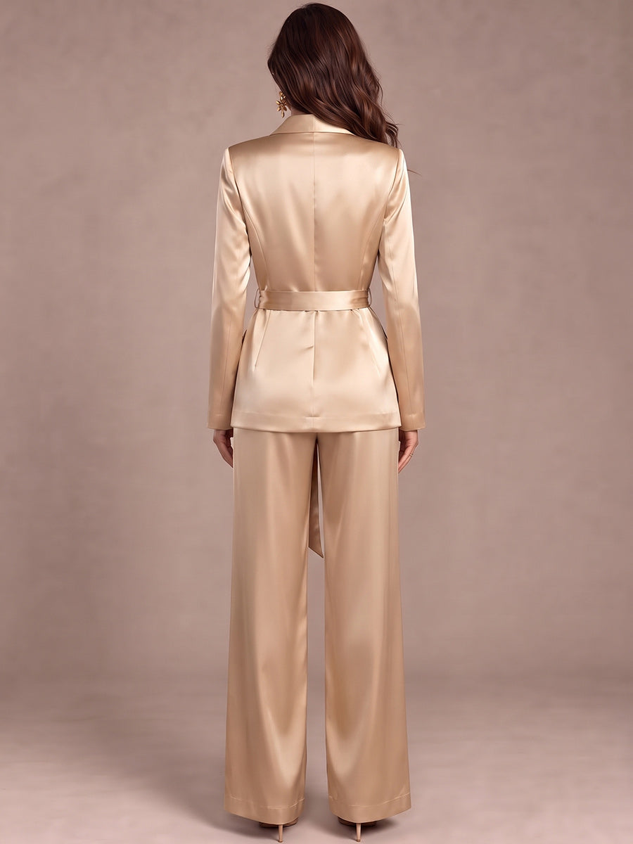 Jumpsuits V-Neck Long Sleeves Silk Satin Floor-Length Cocktail Dress with Belt