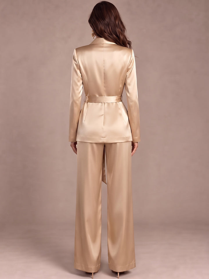 Jumpsuits V-Neck Long Sleeves Silk Satin Floor-Length Cocktail Dress with Belt
