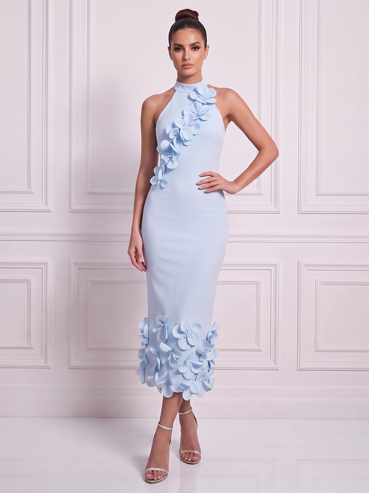 Sheath/Column Halter Sleeveless Satin Tea-Length Cocktail Dress with 3D Flower