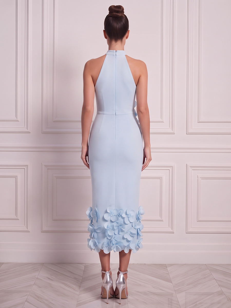 Sheath/Column Halter Sleeveless Satin Tea-Length Cocktail Dress with 3D Flower