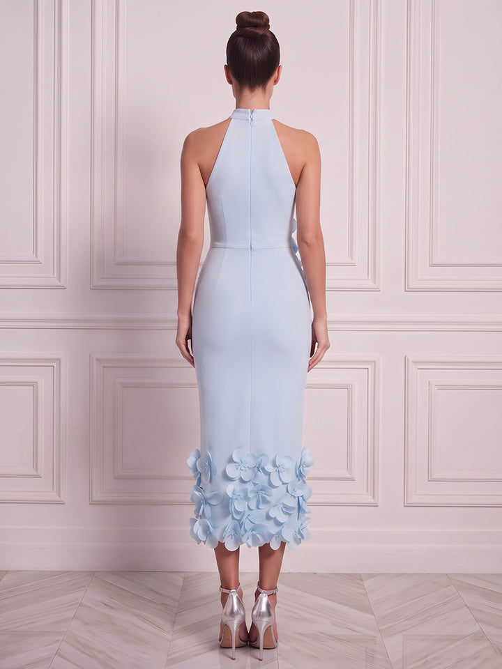Sheath/Column Halter Sleeveless Satin Tea-Length Cocktail Dress with 3D Flower