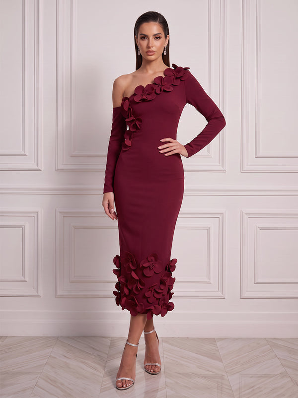 Sheath/Column One-Shoulder Long Sleeves Satin Tea-Length Cocktail Dress with 3D Flower