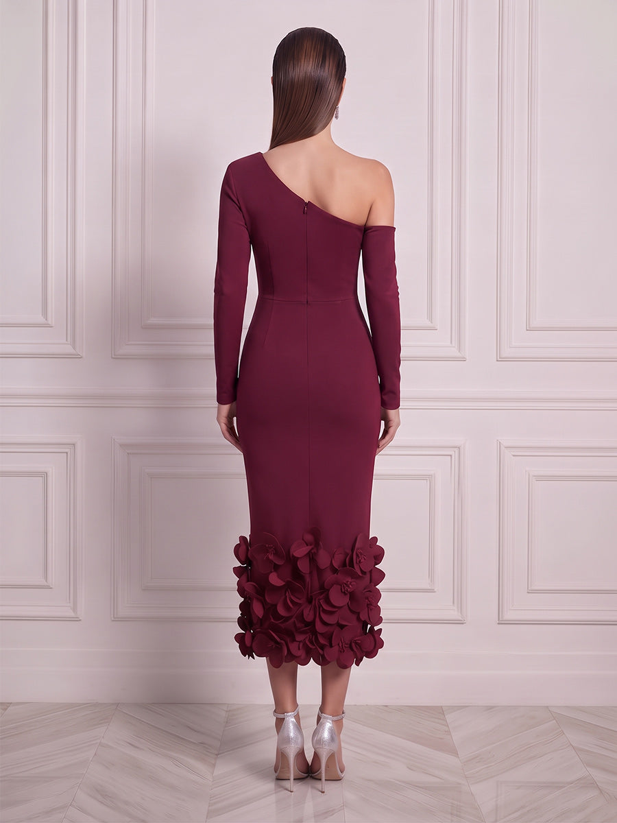 Sheath/Column One-Shoulder Long Sleeves Satin Tea-Length Cocktail Dress with 3D Flower