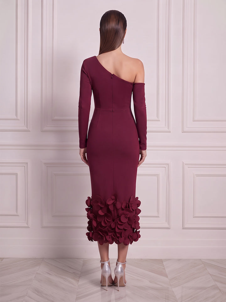 Sheath/Column One-Shoulder Long Sleeves Satin Tea-Length Cocktail Dress with 3D Flower