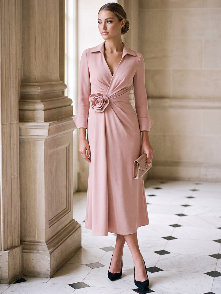 A-Line/Princess Shirt Collar Long Sleeves Satin Tea-Length Cocktail Dress with 3D Flower