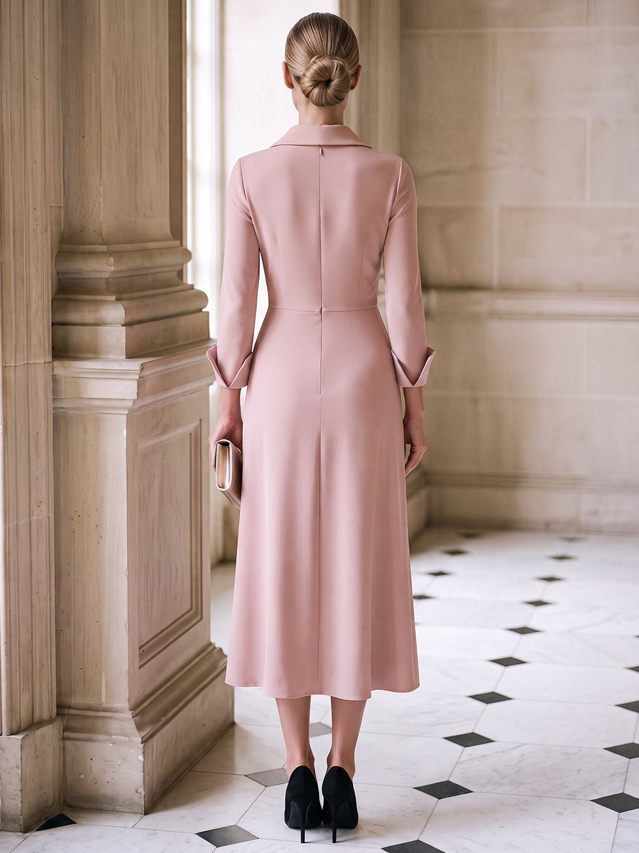 A-Line/Princess Shirt Collar Long Sleeves Satin Tea-Length Cocktail Dress with 3D Flower