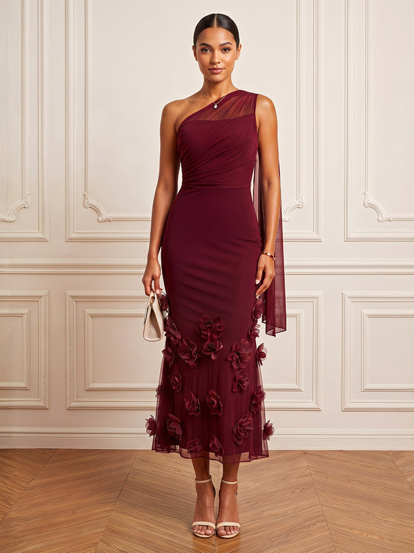 Sheath/Column One-Shoulder Sleeveless Chiffon Tea-Length Cocktail Dress with 3D Flower