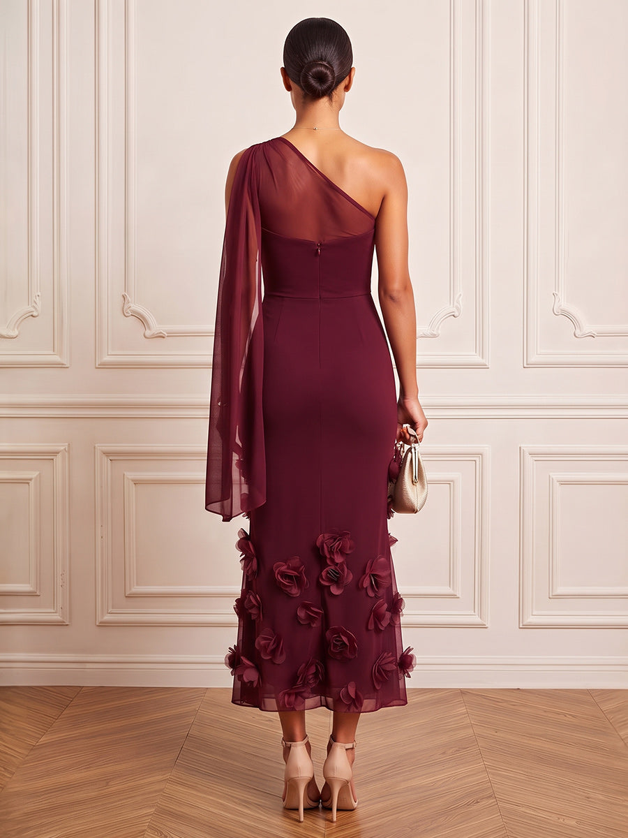 Sheath/Column One-Shoulder Sleeveless Chiffon Tea-Length Cocktail Dress with 3D Flower
