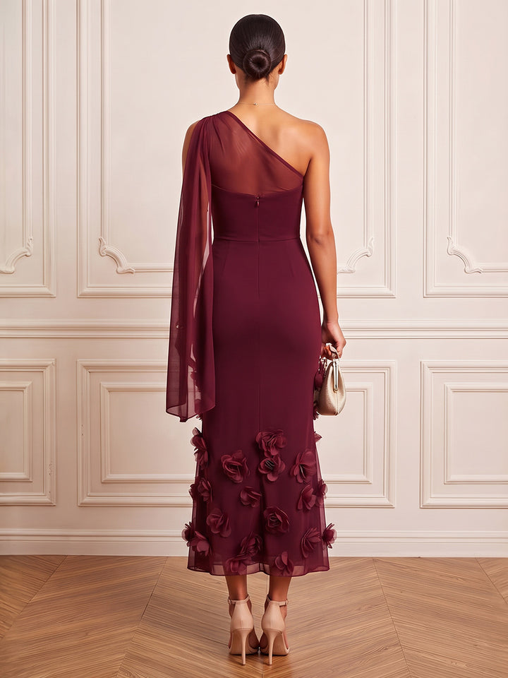 Sheath/Column One-Shoulder Sleeveless Chiffon Tea-Length Cocktail Dress with 3D Flower
