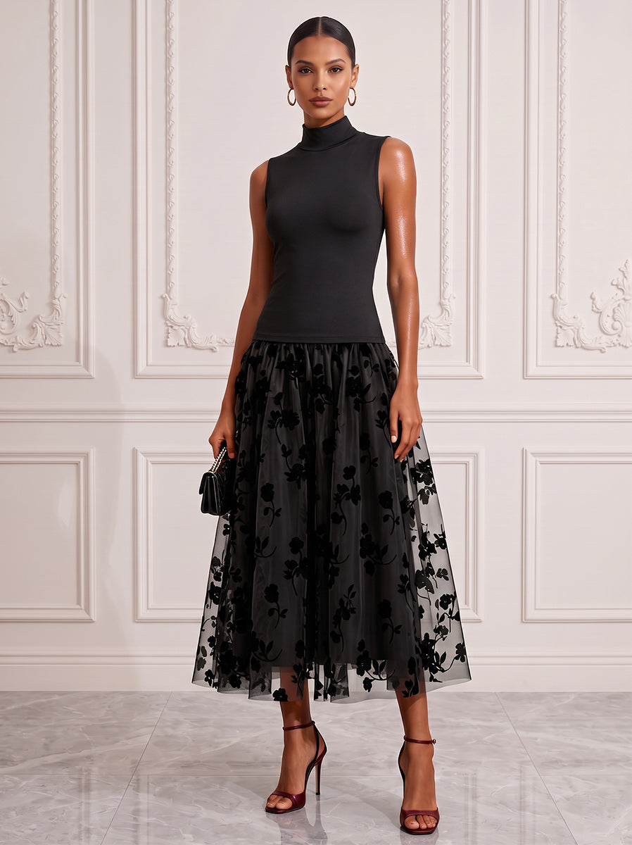 A-Line/Princess High Neck Sleeveless Satin Tea-Length Cocktail Dress with Florals