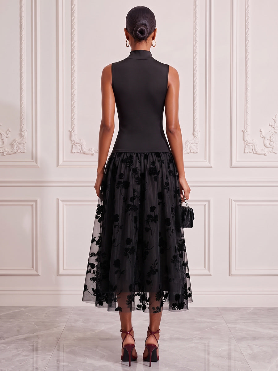 A-Line/Princess High Neck Sleeveless Satin Tea-Length Cocktail Dress with Florals