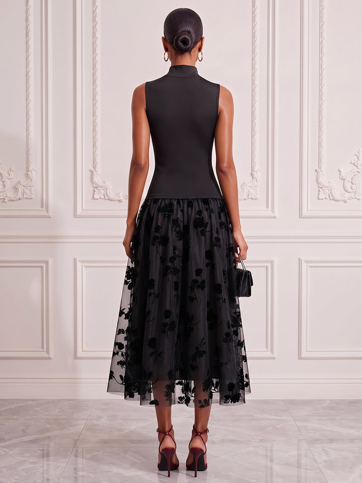 A-Line/Princess High Neck Sleeveless Satin Tea-Length Cocktail Dress with Florals