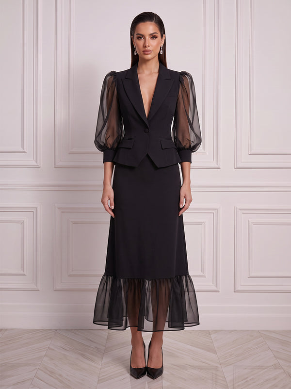 A-Line/Princess Shirt Collar 3/4 Sleeves Satin Tulle Tea-Length Cocktail Dress with Ruched