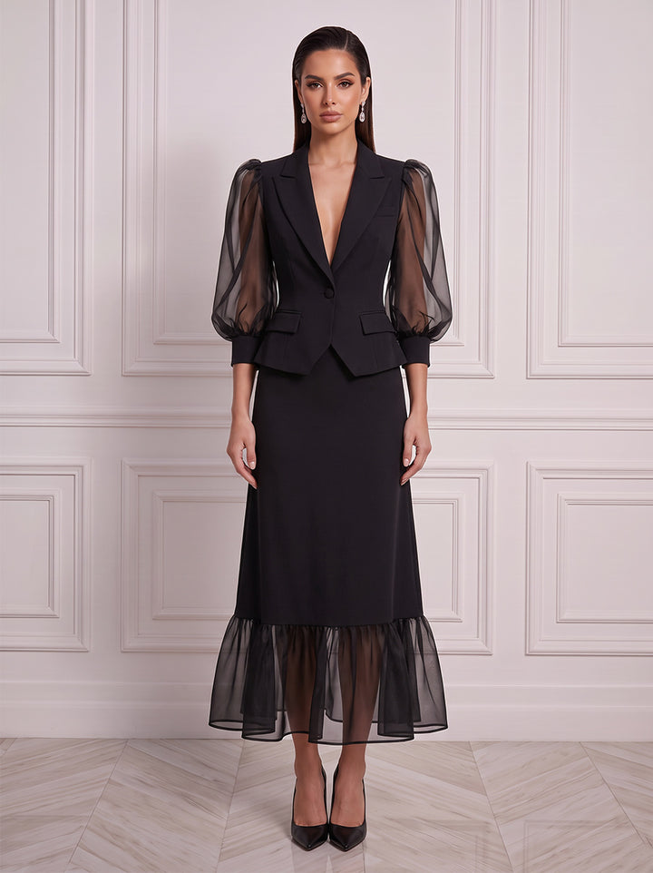 A-Line/Princess Shirt Collar 3/4 Sleeves Satin Tulle Tea-Length Cocktail Dress with Ruched