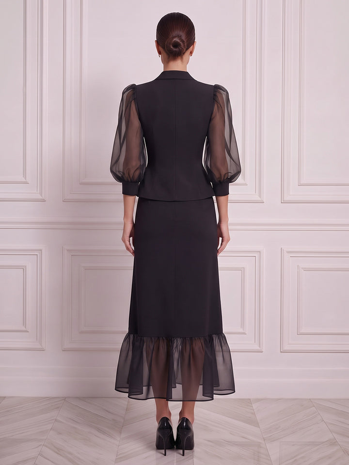 A-Line/Princess Shirt Collar 3/4 Sleeves Satin Tulle Tea-Length Cocktail Dress with Ruched
