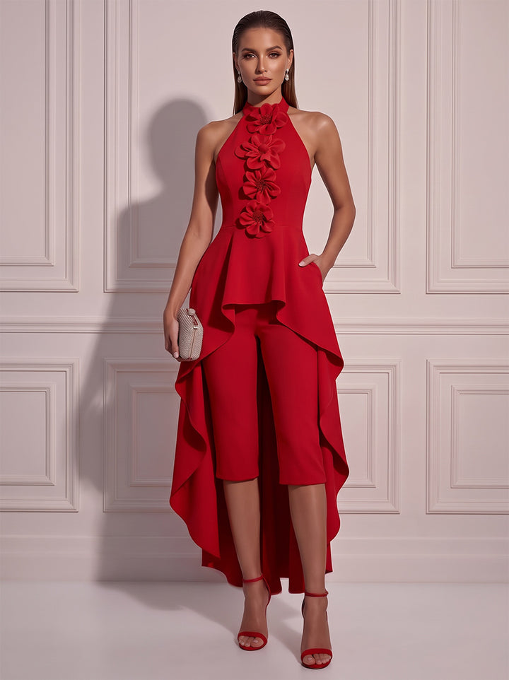 A-Line/Princess Halter Sleeveless Satin Asymmetrical Cocktail Dress with 3D Flower