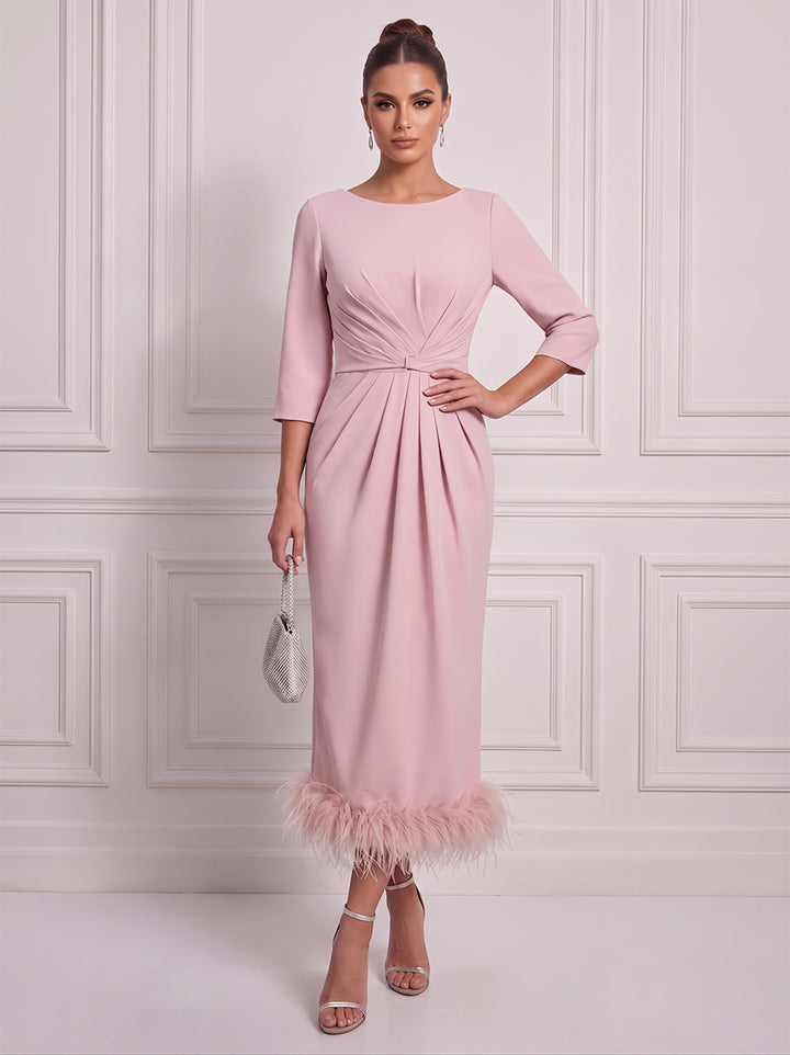 Sheath/Column Scoop 3/4 Sleeves Satin Tea-Length Cocktail Dress with Feather