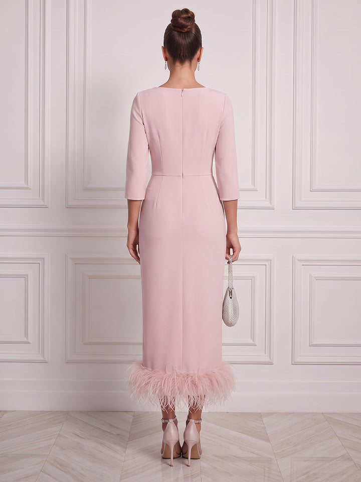 Sheath/Column Scoop 3/4 Sleeves Satin Tea-Length Cocktail Dress with Feather