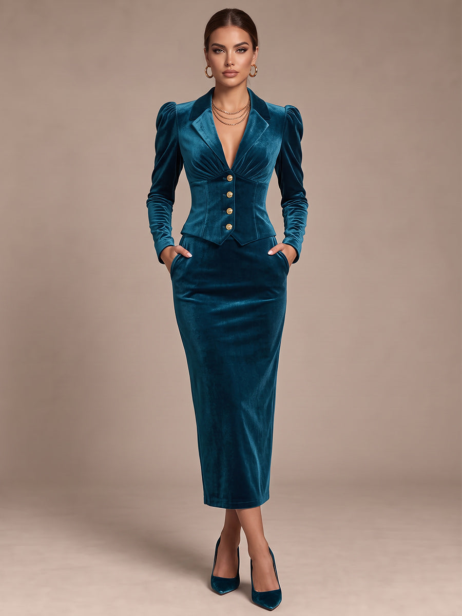 Sheath/Column Shirt Collar Long Sleeves Velvet Tea-Length Cocktail Dress with Ruched