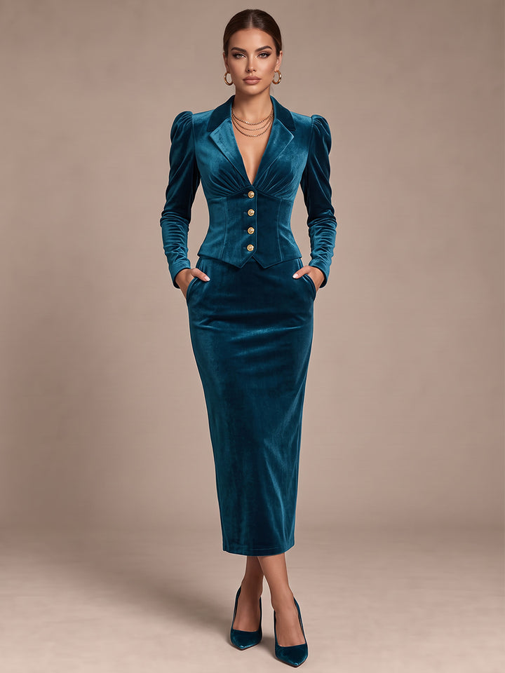 Sheath/Column Shirt Collar Long Sleeves Velvet Tea-Length Cocktail Dress with Ruched