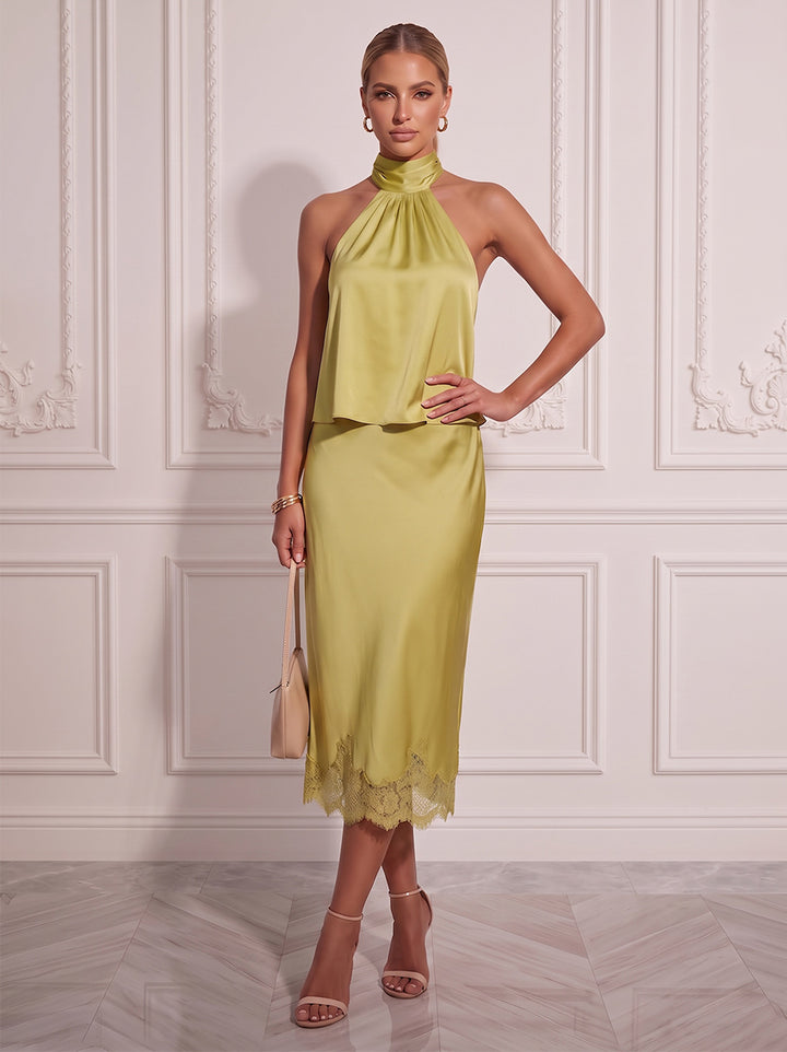 Sheath/Column Halter Sleeveless Silk Satin Tea-Length Cocktail Dress with Lace