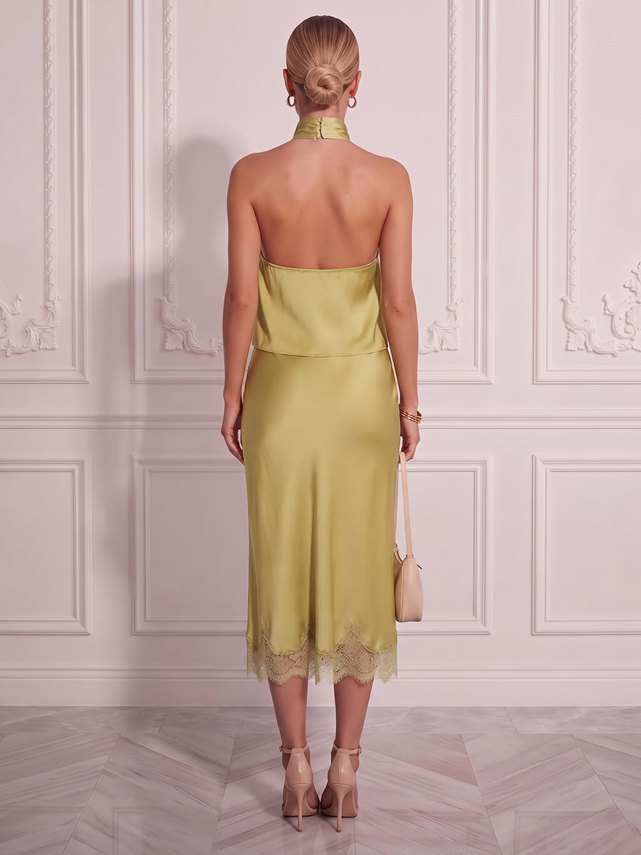 Sheath/Column Halter Sleeveless Silk Satin Tea-Length Cocktail Dress with Lace