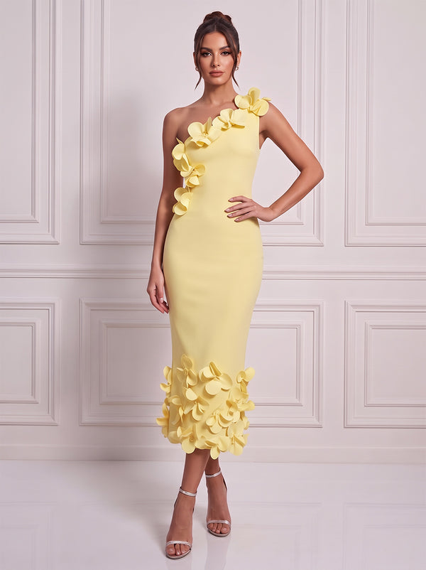 Sheath/Column One-Shoulder Sleeveless Satin Tea-Length Cocktail Dress with 3D Flower