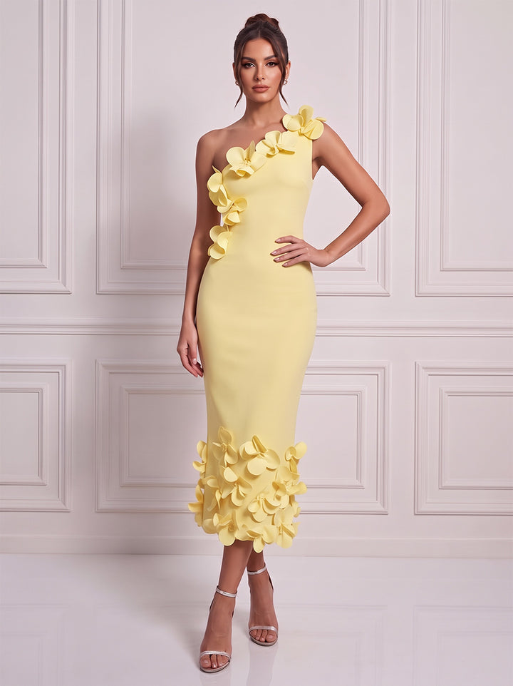 Sheath/Column One-Shoulder Sleeveless Satin Tea-Length Cocktail Dress with 3D Flower