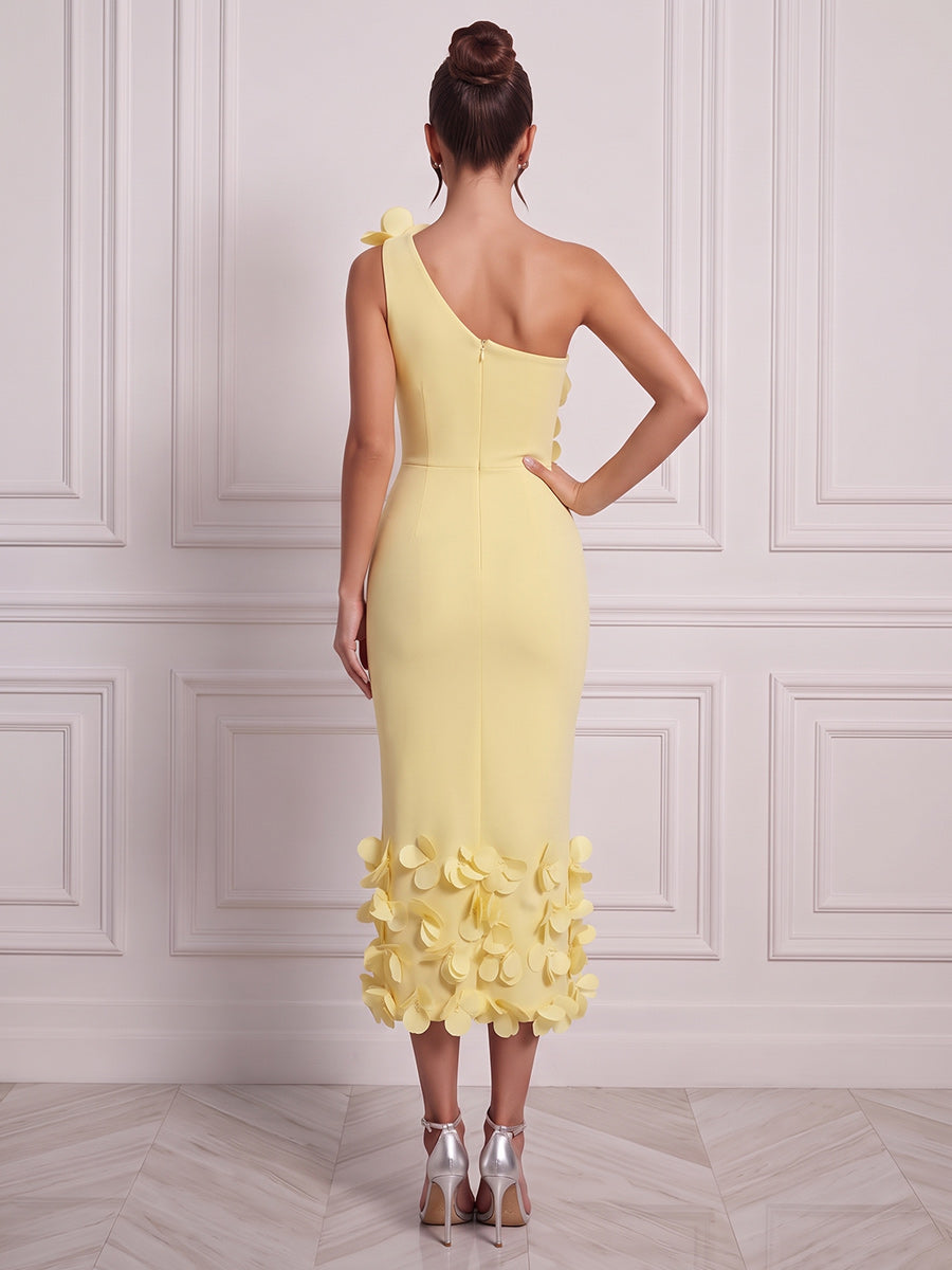Sheath/Column One-Shoulder Sleeveless Satin Tea-Length Cocktail Dress with 3D Flower