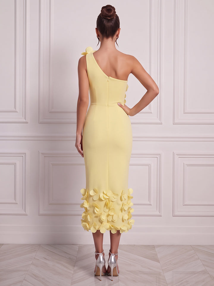 Sheath/Column One-Shoulder Sleeveless Satin Tea-Length Cocktail Dress with 3D Flower