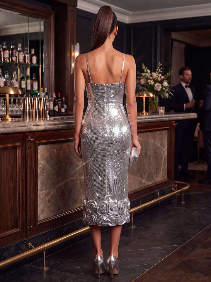 Sheath/Column Spaghetti Straps Sleeveless Sequin Tea-Length Cocktail Dress with 3D Flower