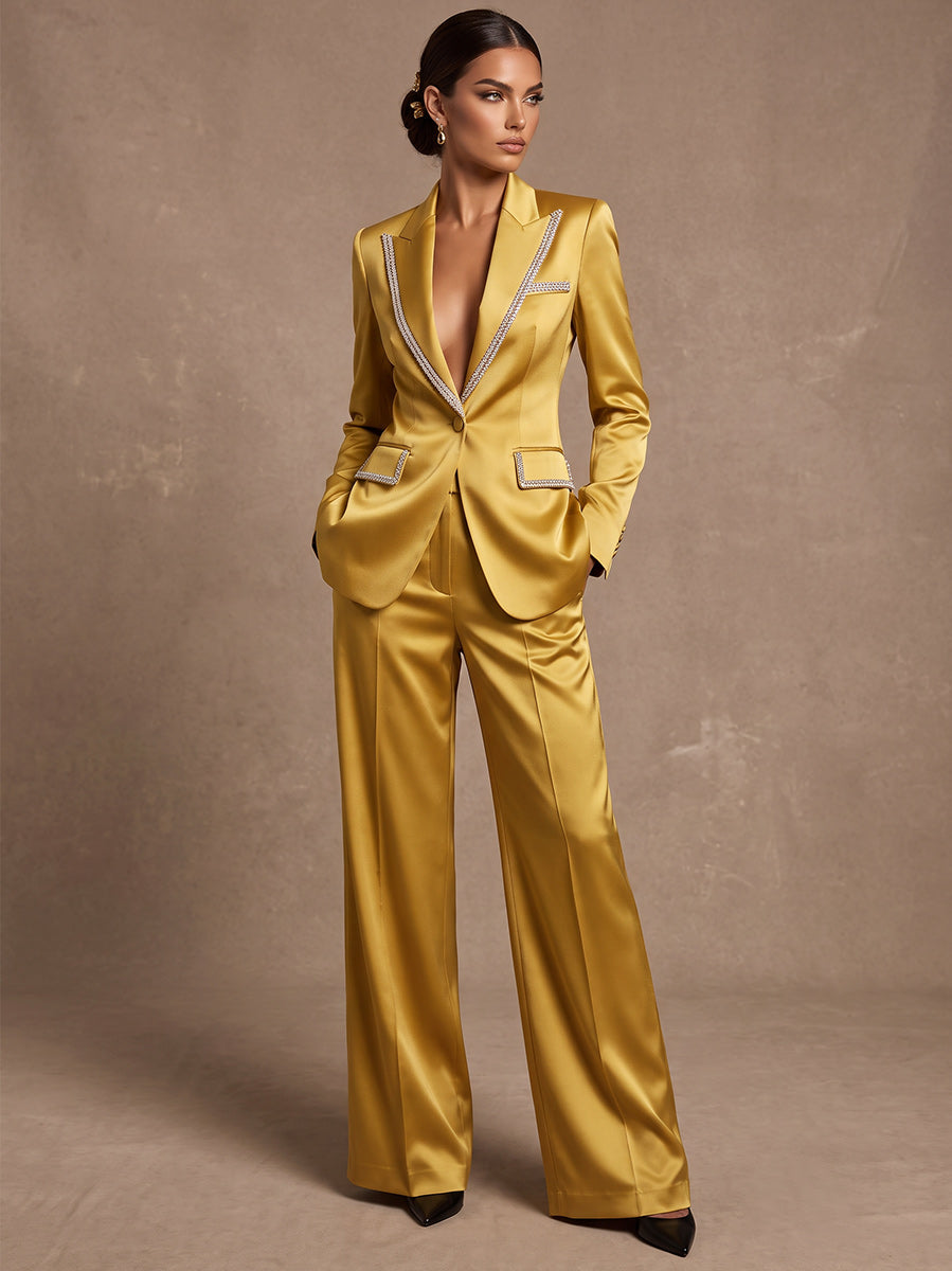 Jumpsuits Shirt Collar Long Sleeves Silk Satin Floor-Length Cocktail Dress with Sequins