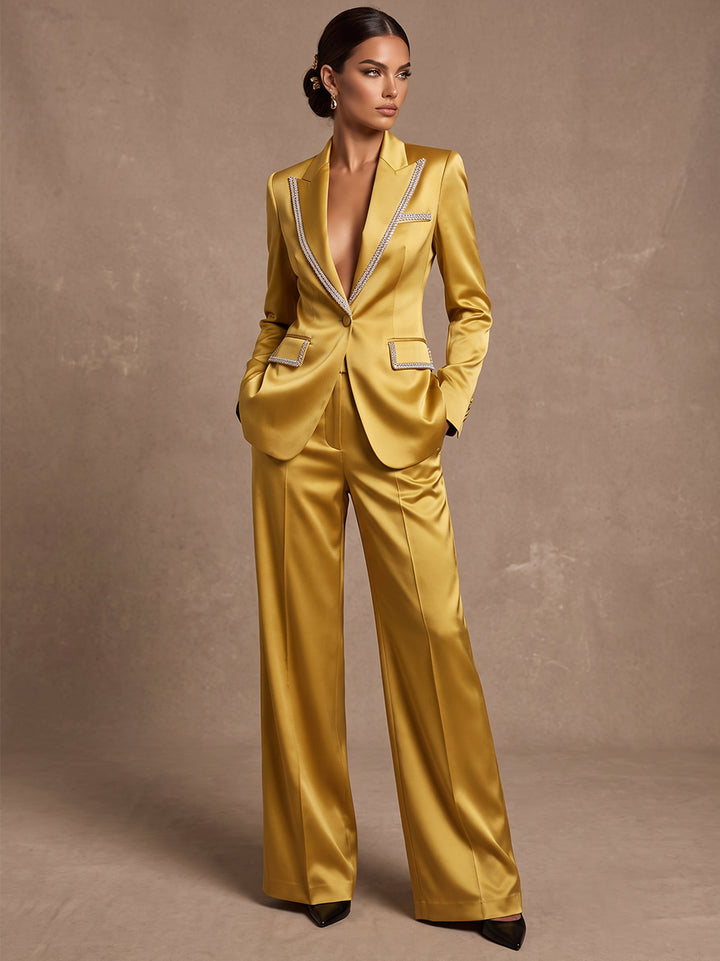 Jumpsuits Shirt Collar Long Sleeves Silk Satin Floor-Length Cocktail Dress with Sequins