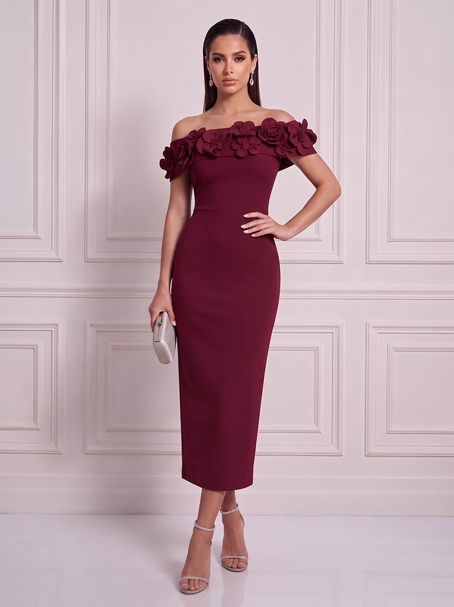 Jumpsuits Off-the-Shoulder Sleeveless Satin Tea-Length Cocktail Dress with 3D Flower