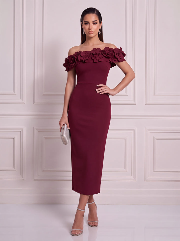 Jumpsuits Off-the-Shoulder Sleeveless Satin Tea-Length Cocktail Dress with 3D Flower
