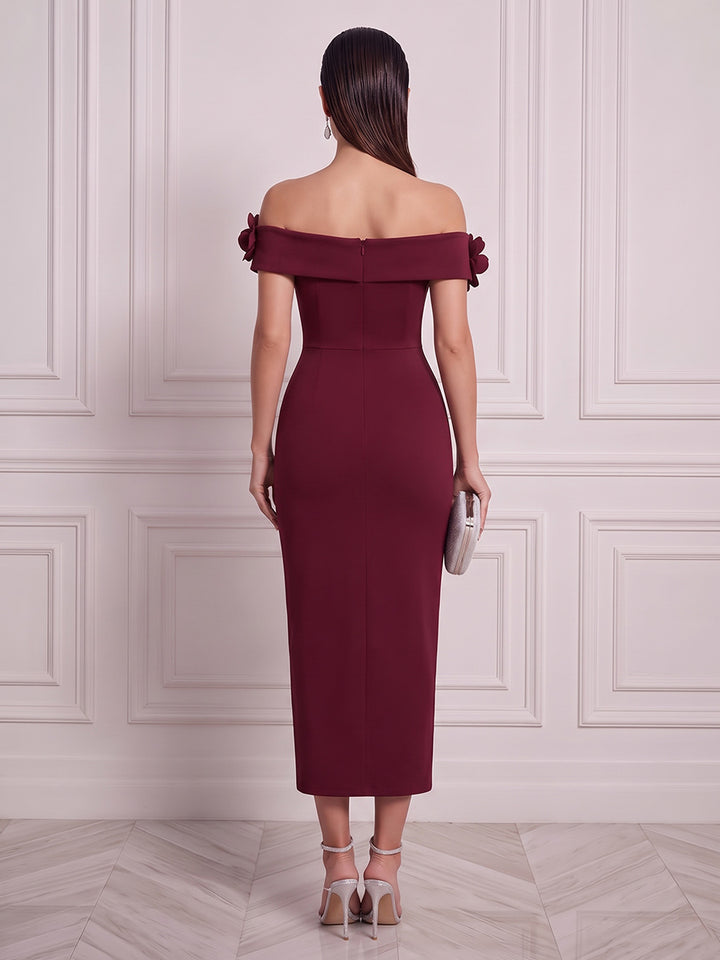 Jumpsuits Off-the-Shoulder Sleeveless Satin Tea-Length Cocktail Dress with 3D Flower