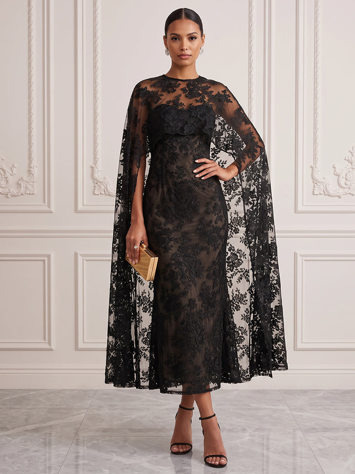Jumpsuits Scoop Cap Sleeves Lace Tea-Length Cocktail Dress