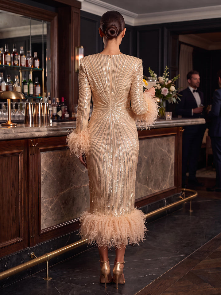 Sheath/Column Scoop Long Sleeves Sequin Tea-Length Cocktail Dress with Feather