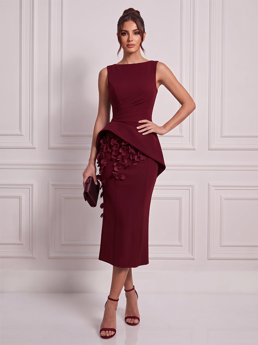 Sheath/Column Scoop Sleeveless Satin Tea-Length Cocktail Dress with 3D Flower
