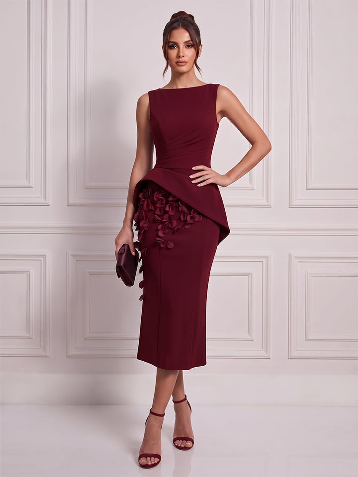 Sheath/Column Scoop Sleeveless Satin Tea-Length Cocktail Dress with 3D Flower