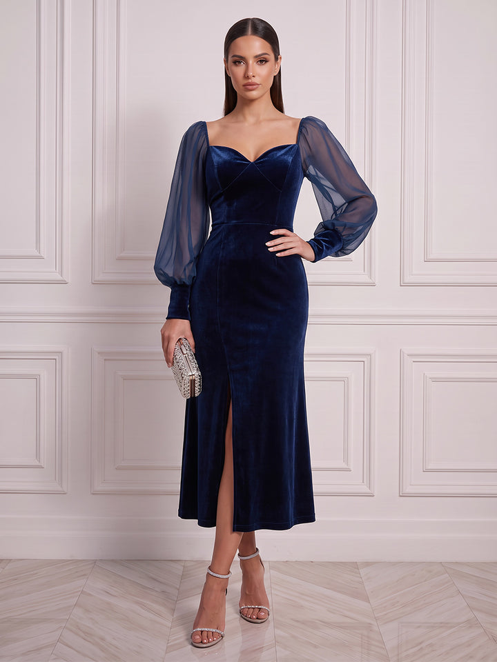 A-Line/Princess Sweetheart Long Sleeves Velvet Tulle Tea-Length Cocktail Dress with Ruched &amp; Split Side