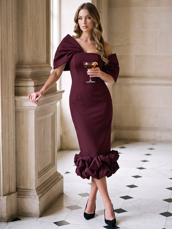 Sheath/Column Off-the-Shoulder Cap Sleeves Satin Tea-Length Cocktail Dress with Ruched