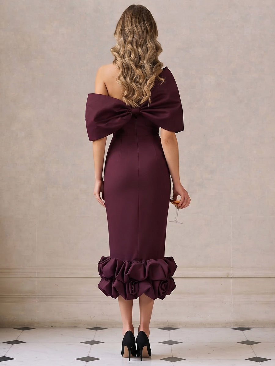 Sheath/Column Off-the-Shoulder Cap Sleeves Satin Tea-Length Cocktail Dress with Ruched