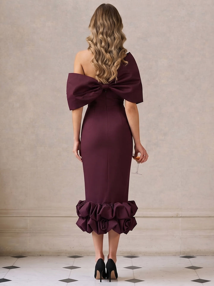Sheath/Column Off-the-Shoulder Cap Sleeves Satin Tea-Length Cocktail Dress with Ruched