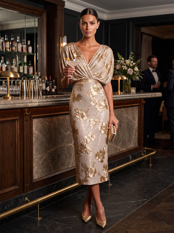 Sheath/Column V-Neck Cap Sleeves Sequin Tea-Length Cocktail Dress with Applique