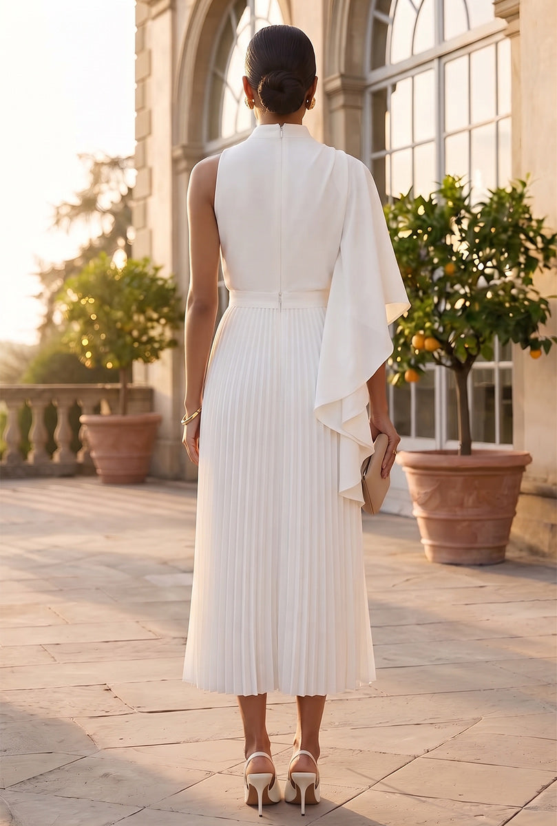 A-Line/Princess High Neck Cap Sleeves Silk Satin Chiffon Tea-Length Cocktail Dress with Pleats