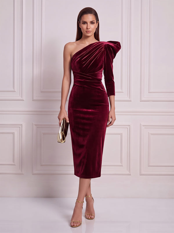 Sheath/Column One-Shoulder 3/4 Sleeves Velvet Tea-Length Cocktail Dress with Ruched